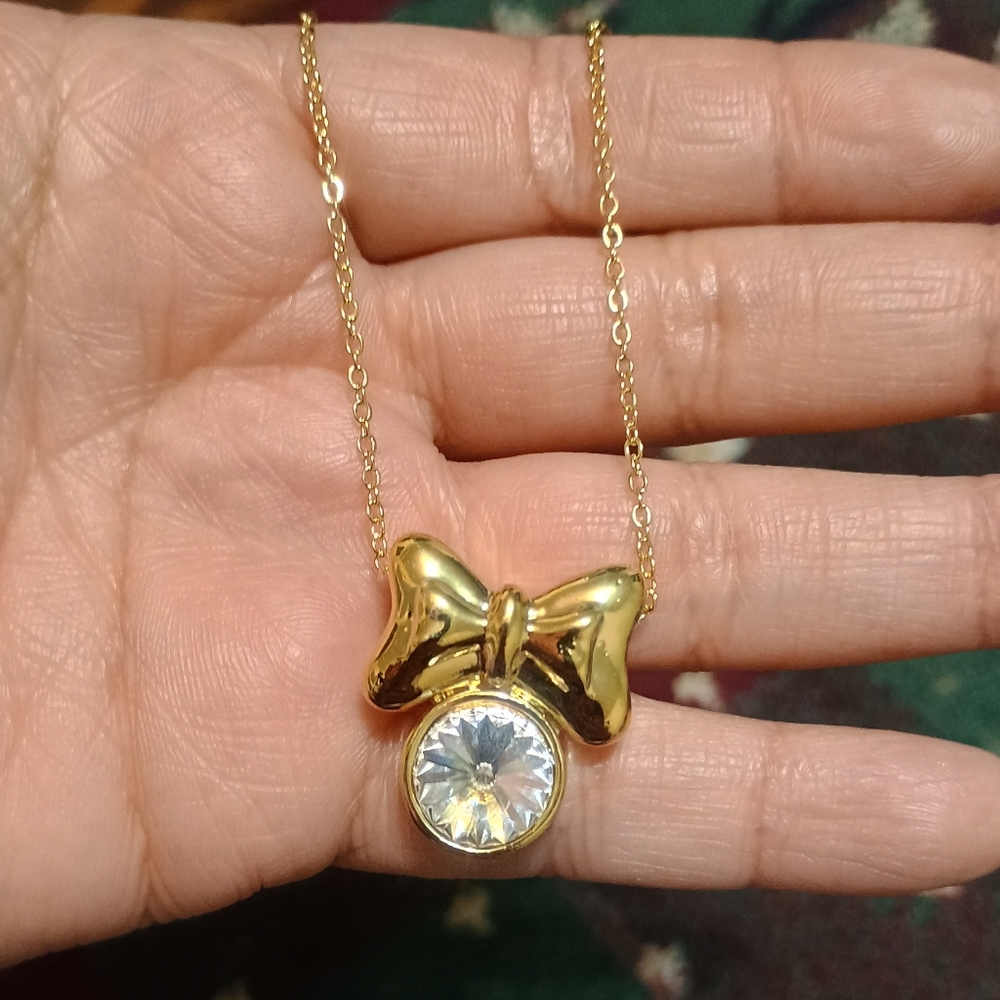 Gold Bow Pendant Necklace with Clear Crystal - Women Jewelry Necklaces